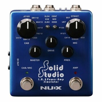 Modrý efekt pedál s nápisem Solid Studio I.R. & Power Amp Simulator a logem NUX. Zařízení má pět černých otočných ovladačů s popisky CAB, DRIVE, MIC,…