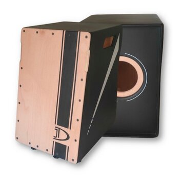 Dva černě a dřevěně provedené reproduktorové boxy. Přední box má světlý dřevěný povrch s černým vertikálním pruhem, na kterém je bílé logo ve tvaru s…
