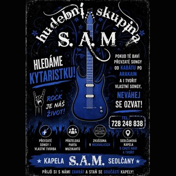 Grafický inzerát na hledání kytaristky pro hudební skupinu S. A. M. Uprostřed je zobrazen modrý elektrický kytara s dvěma humbuckery. Text obsahuje n…