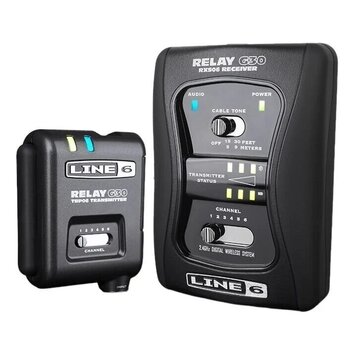 Černý bezdrátový systém Line 6 Relay G30 složený z vysílače a přijímače. Na vysílači je nápis LINE 6, RELAY G30 TX506 TRANSMITTER a přepínač CHANNEL…