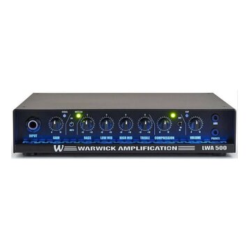 Černý basový zesilovač s modrým podsvícením panelu. Na spodní liště je bílý nápis W WARWICK AMPLIFICATION LWA 500. Přední panel obsahuje vstup INPUT,…