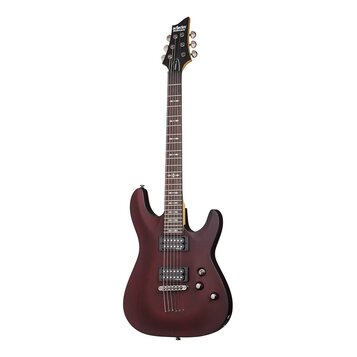 Tmavě hnědá elektrická kytara s dvojcutem a tmavým hmatníkem. Na hlavě je bílý nápis schecter a pod ním menší text Diamond Series. Na hmatníku jsou v…