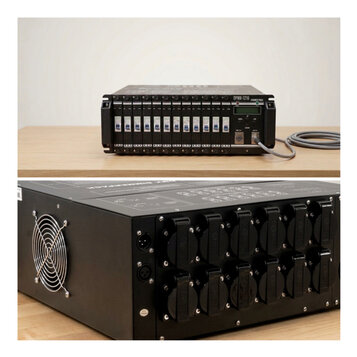 Černý rackový dimmer s nápisem DPMX-1216 DIMMER PACK. Přední panel obsahuje 12 žlutých přepínačů, kontrolky a konektory DMX IN a DMX OUT. Zadní stran…