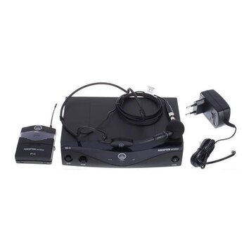 Sada černého bezdrátového mikrofonního systému. Obsahuje přijímač s nápisy SR 45 a PERCEPTION wireless, vysílač PT 45 s nápisem PERCEPTION wireless a…