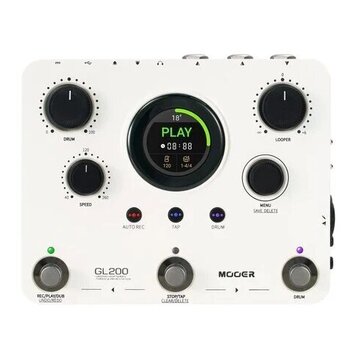 Bílý looper s displejem a ovládacími prvky. Na zařízení jsou nápisy GL200, MOGER, DRUM, SPEED, LOOPER, MENU SAVE DELETE, AUTO REC, TAP a STOP/TAP CLE…