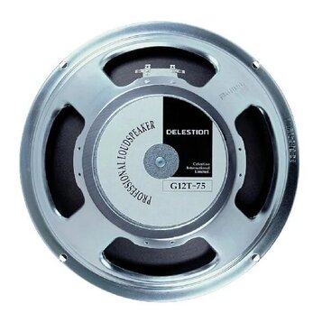 Stříbrný reproduktor s kovovým rámem. Na středovém štítku je uveden nápis PROFESSIONAL LOUDSPEAKER, logo CELESTION, text Celestion International Limi…