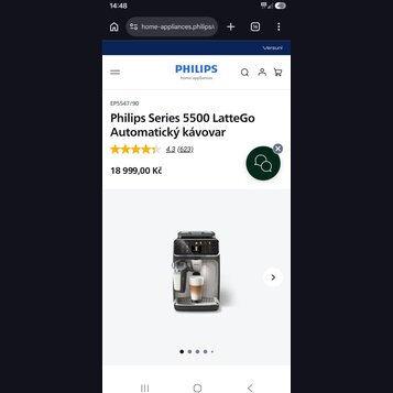 Na fotografii je černý automatický kávovar s logem PHILIPS. Přístroj má digitální displej, ovládací tlačítka a připevněný mléčný kontejner LatteGo. V…
