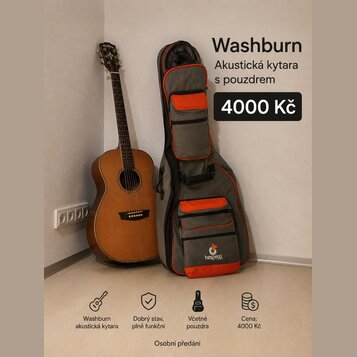 Akustická kytara s přirozenou dřevěnou barvou a černým hmatníkem. Na hlavě nástroje je bílý nápis Washburn. Vedle kytary stojí šedé poloměkké pouzdro…