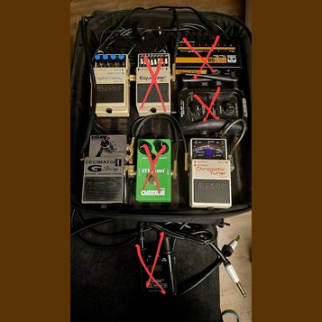 V černé brašně je několik kytarových efektů a příslušenství. Jsou zde pedály značky BOSS s nápisy Digital Delay DD-3, Equalizer GE-7 a Chromatic Tune…