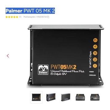 Černý obdélníkový napájecí zdroj do pedalboardu z kovového materiálu. Na přední straně je bílý nápis PWT05MK2, Universal Pedalboard Power Pack a 5 Ou…