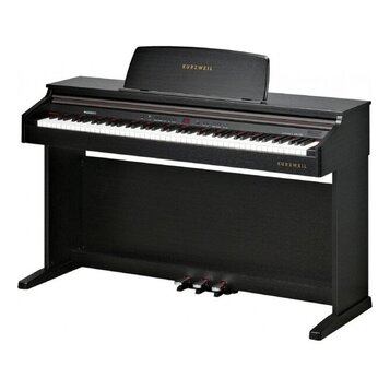 Černý digitální piano s klaviaturou a integrovaným stojanem. Na notovém pultu, přední liště pod klávesami i nad pravou částí klaviatury je nápis KURZ…