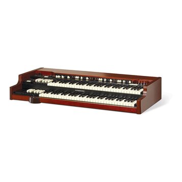 Dvoumanuálové organy v dřevěném korpusu s reddish-brown povrchem. Na černém panelu mezi klávesami je bílý nápis HAMMOND. Nad horní klaviaturou se nac…