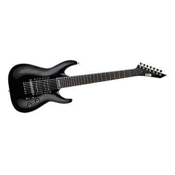 Černá elektrická kytara s lesklým povrchem a tmavou hmatníkovou palicí. Na hlavě nástroje je bílé logo LTD. Kytara má dva humbuckery, jeden ovládací…