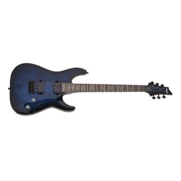 Modrá elektrická kytara s vyznačenou strukturou dřeva na topu. Na hlavě hmatníku je viditelné logo LTD. Nástroj má dva humbuckery, jeden ovládací kno…