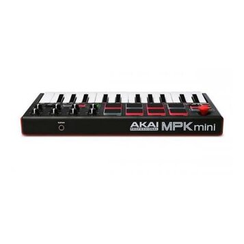 Černý kompaktní MIDI kontrolér s klávesami a osmi červenými pady. Na přední straně je bílý nápis AKAI PROFESSIONAL a MPK mini. Vlevo je umístěn konek…