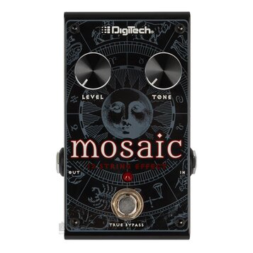 Černý efekt pedál s nápisy Digitech, mosaic a 12 STRING EFFECT. Na horní straně jsou dva černé ovládací knoflíky s popisky LEVEL a TONE. Spodní část…