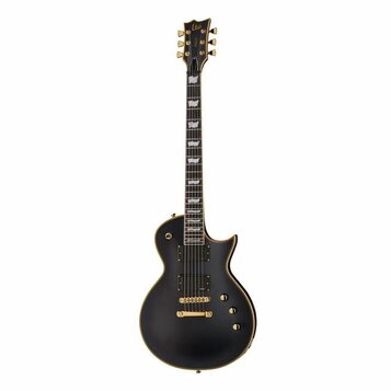 Elektrická kytara s černým matným povrchem korpusu a zlatými komponenty. Na hlavě hmatníku je viditelné logo Ltd. Nástroj má dva humbuckery, tři ovlá…