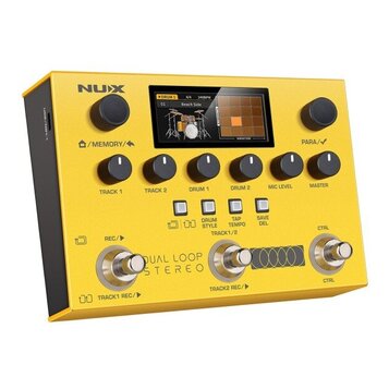 Žlutý loop pedal značky NUX s digitálním displejem a několika ovládacími knoflíky. Na horní části jsou nápisy NUX, /MEMORY/ a PARA/. Pod displejem se…