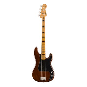Čtyřstrunná elektrická basová kytara s hnědým trupem a černým pickguardem. Na hlavě nástroje je nápis Squier PRECISION BASS. Hmatník je z jemného dře…
