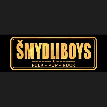 Grafický obrázek s černým pozadím a zlatým rámem. Uprostřed je velký nápis ŠMYDLIBOYS a pod ním menší text FOLK – POP – ROCK. Mezi nimi je umístěna d…