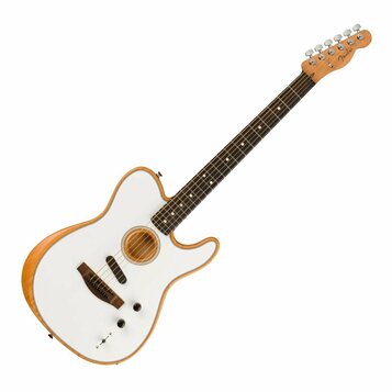 Bílá akustická kytara s přírodním dřevěným lemováním a hnědým hmatníkem. Na hlavě nástroje je čitelné logo Fender. Kytara má kulatý otvor s rozetou a…