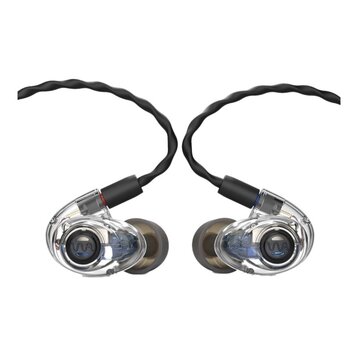 Dvě šupínkované in-ear sluchátka s průhledným plastovým tělem a černým opleteným kabelem. Na vnitřním centerXu obou sluchátek je viditelné logo znázo…
