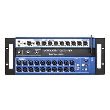 Modrý digitální mixážní pult v rackovém provedení. Na čelním panelu je bílý nápis Soundcraft a pod ním menší loga lexicon, dbx a Digitech. Zařízení o…