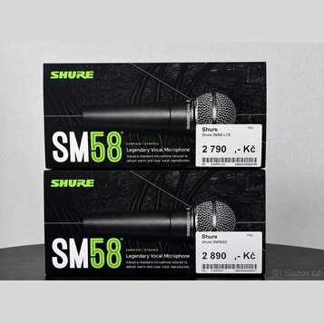 Dvě krabice s dynamickými mikrofony značky SHURE, model SM58. Horní krabice obsahuje model Shure SM58-LCE za cenu 2 790 Kč a spodní model Shure SM58S…