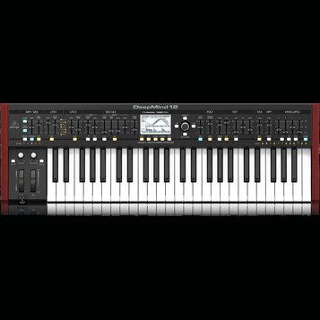 Černý klávesový syntetizátor s bílými a černými klávesami. Na horním panelu je nápis DeepMind 12 a logo behringer. Pod displejem je text ANALOG 12-VO…