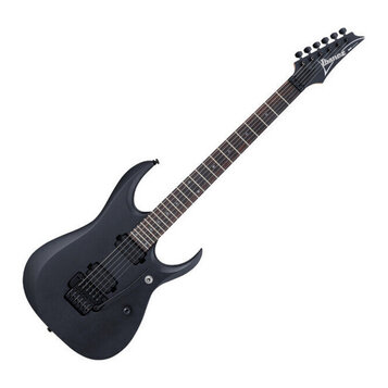 Elektrická kytara s matně černým povrchem těla a hmatníkem. Na hlavě je bílý nápis Ibanez. Nástroj má dva humbuckery a tremolo mechanismus. Povrch vy…