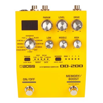Žlutý kytarový efekt s nápisy BOSS, HYBRID DRIVE a OD-200. Zařízení má pět stříbrných otočných potenciometrů s popisky PARAM, LEVEL, DRIVE, LOW, MIDD…