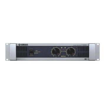 Stříbrné rackové zařízení s tmavě modrým předním panelem. V levém horním rohu je logo a nápis YAMAHA, v pravém horním rohu text POWER AMPLIFIER FA200…