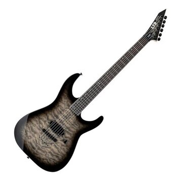 Elektrická kytara s černým korpusem a výraznou šedou strukturou dřeva. Na hlavě hmatníku je bílé logo LTD a nápis Deluxe. Nástroj má dva humbuckery,…
