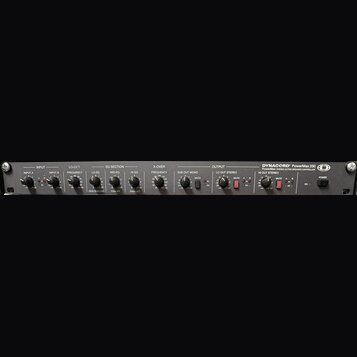 Černý rackový procesor s nápisem DYNACORD PowerMax 230 a doplňkem PowerMax stereo ACTIVE SPEAKER CONTROLLER. Přední panel obsahuje sekce INPUT, LO-CU…