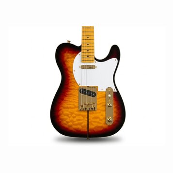 Elektrická kytara s tlemem v barvě sunburst a výraznou plamenovou strukturou dřeva. Nástroj má bílý pickguard, javorový hmatník a zlaté kovové části,…