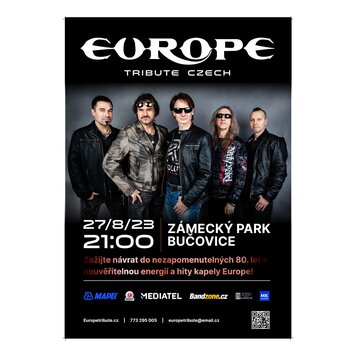 Propagační plakát kapely Europe Tribute Czech. Na fotografii je zobrazeno pět mužů v kožených bundách a slunečních brýlích. Text na plakátu uvádí dat…