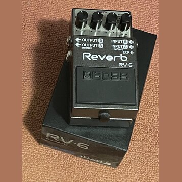 Černý efekt pedál s nápisy Reverb, RV-6 a logem BOSS. Na horní části jsou čtyři ovládací knoflíky a přepínače s nečitelnými popisy. Na boku jsou vstu…