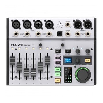 Bílý digitální mixér značky behringer s označením FLOW8 Bluetooth Controlled Digital Mixer. Zařízení má v horní části čtyři vstupy, několik výstupů a…