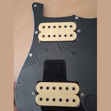 Černý plastový pickguard s dvěma humbuckery v krémové barvě. Snímače mají viditelné černé póly a jsou přišroubované k desce. Na povrchu pickguardu js…
