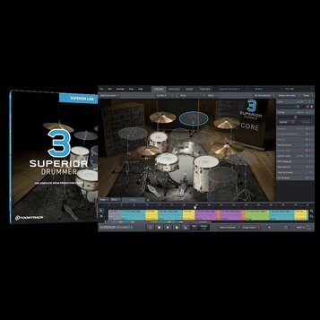 Snímek zobrazuje software Superior Drummer 3 od společnosti Toontrack. Na levé straně je zobrazen obal produktu s nápisy SUPERIOR LINE, 3, SUPERIOR D…