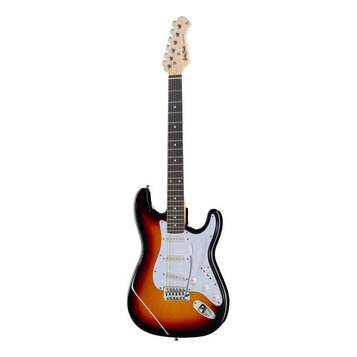 Elektrická kytara s tělem v červeno-žlutém sunburst provedení a bílým pickguardem. Na hlavě hředu je viditelné logo Squier by Fender. Nástroj má tři…