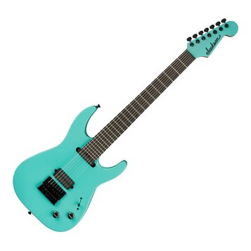 Tyrkysová elektrická kytara s tmavým hmatníkem. Na hlavě je viditelné logo Jackson. Nástroj má dva humbuckery, jeden ovládací knoflík hlasitosti a je…