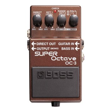 Hnědý efektový pedál značky BOSS s nápisem SUPER Octave OC-3. Na horní straně jsou čtyři černé ovládací knoflíky s popisky DIRECT LEVEL, OCT 1 LEVEL,…