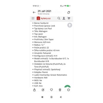 Snímek zachycuje screenshot z webové stránky kytary.cz s technickými specifikacemi elektrické kytary typu Les Paul v barvě Sunburst. Text uvádí detai…