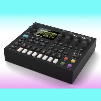 Černý polyfonní digitální syntetizátor s nápisem Digitone na displeji a logem Elektron v pravém horním rohu. Zařízení má malý displej s grafickým roz…