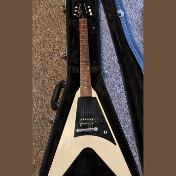 Bílá elektrická kytara s trojúhelníkovým tělem v černém kufru. Nástroj má hnědý hmatník, tři snímače a černý pickguard. Na hlavě kytary není žádný vi…