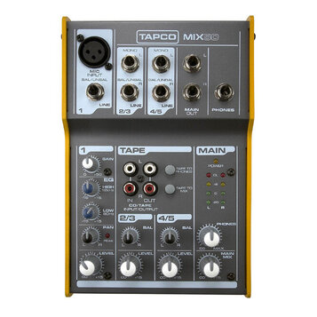Šedý mixážní pult s žlutými bočními panely. Na horním panelu je nápis TAPCO MIX50 a různé vstupy a výstupy, včetně MIC INPUT, LINE 1, LINE 2/3, LINE…