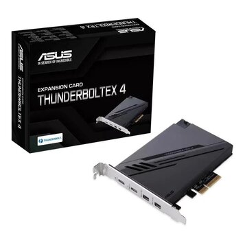 Fotografie zobrazuje expanzní kartu a její originální krabici. Na kartě i na krabici je uveden název THUNDERBOLTEX 4 a logo ASUS. Na krabici je dále…