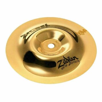 Zlatý kovový činel s vysokým leskem. Na povrchu jsou černé nápisy „Zildjian“ a „SOUND EFFECTS“ v dolní části a nečitelný nápis v horní levé části. V…