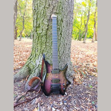 Elektrická kytara s tmavě fialovým průsvitným lakem a viditnou strukturou dřeva. Nástroj má dva humbuckery, ovládací knofíky a hrazdici most. Na hlav…